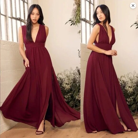 Lulus Dresses & Skirts - Lulus Thoughts of Hue Burgundy Surplice Maxi Dress Women's Medium Deep V Slit